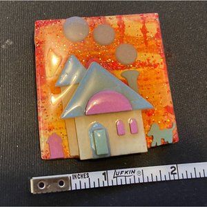 Tiny House with Blue Dog, House of Pins by Lucinda- Orange & Blue
